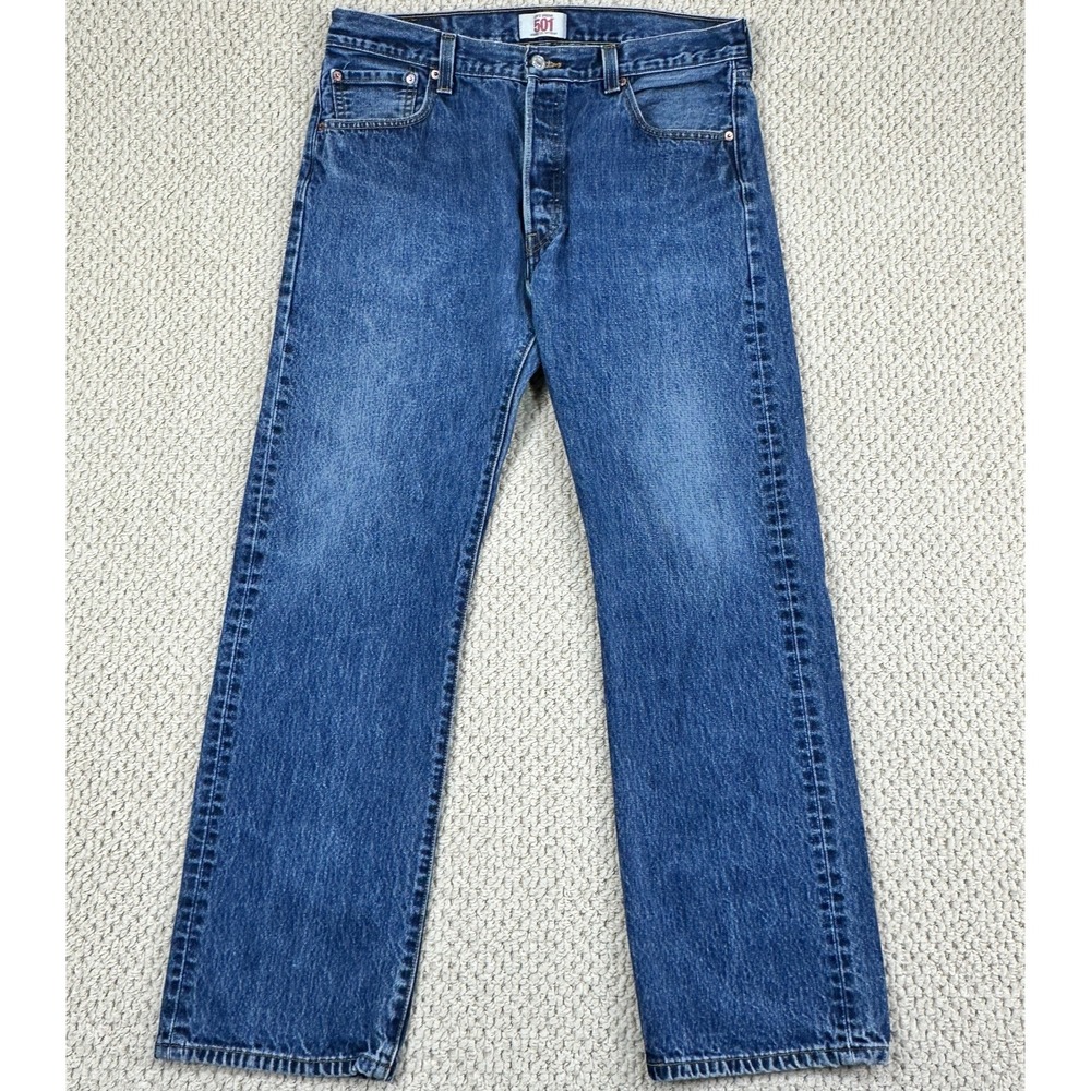 Levis 501 0115 Jeans Mens 36x32 Blue Button Fly Straight Leg Denim Wallet Mark